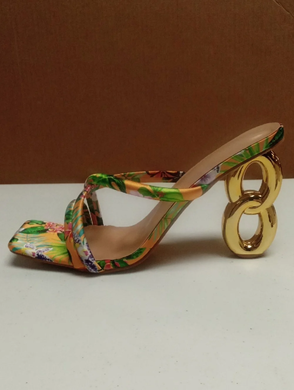 Floral Multicolor Strappy Mule with Gold Sculpted Heel